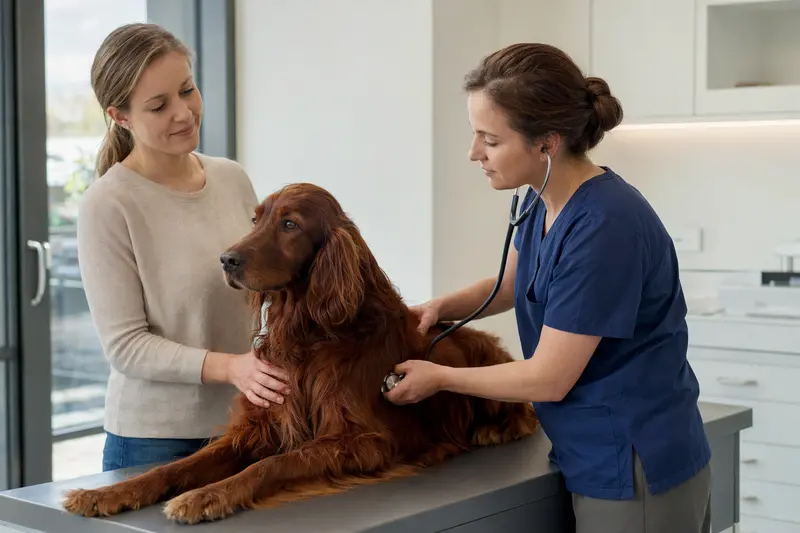 Freundliche Tierärztin untersucht einen ruhigen Irish Red Setter mit dem Stethoskop in einer modernen Tierarztpraxis, während der Besitzer beruhigend danebensteht.