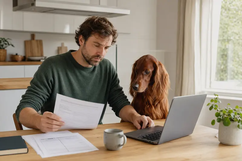Ein Irish Red Setter sitzt ruhig neben seinem Besitzer am Küchentisch, während Versicherungsunterlagen und ein Laptop mit einer neutralen Vergleichsseite vor ihm liegen.
