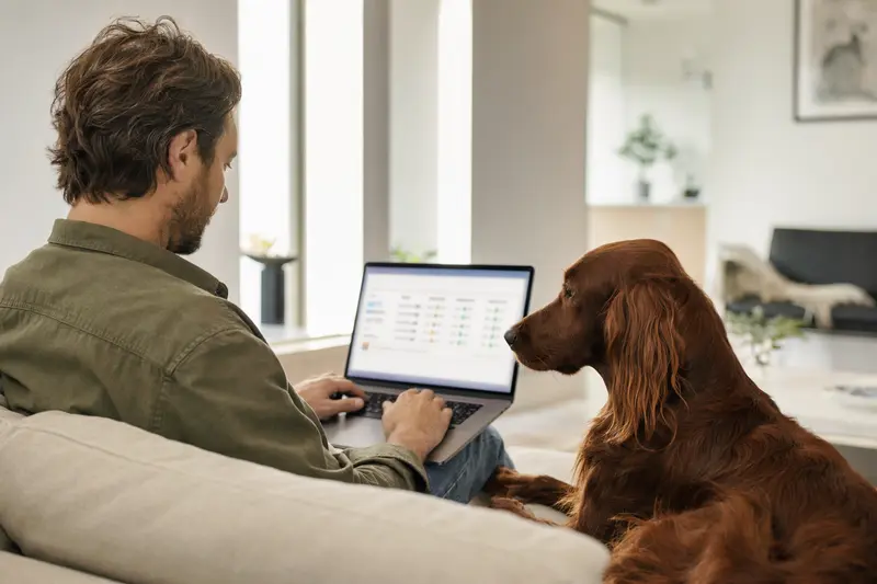 Ein Besitzer sitzt mit einem Laptop auf dem Sofa, während sein Irish Red Setter Hund daneben liegt, um die Vorteile einer Haustierversicherung zu erkunden.