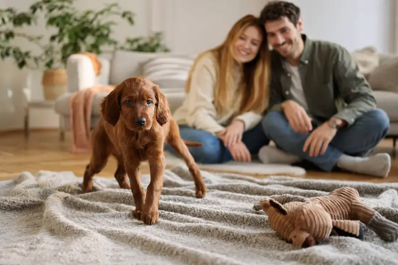 Ein junger Irish Red Setter Welpe entdeckt neugierig sein neues Zuhause in einer hellen Wohnung mit weicher Decke und Spielzeug.