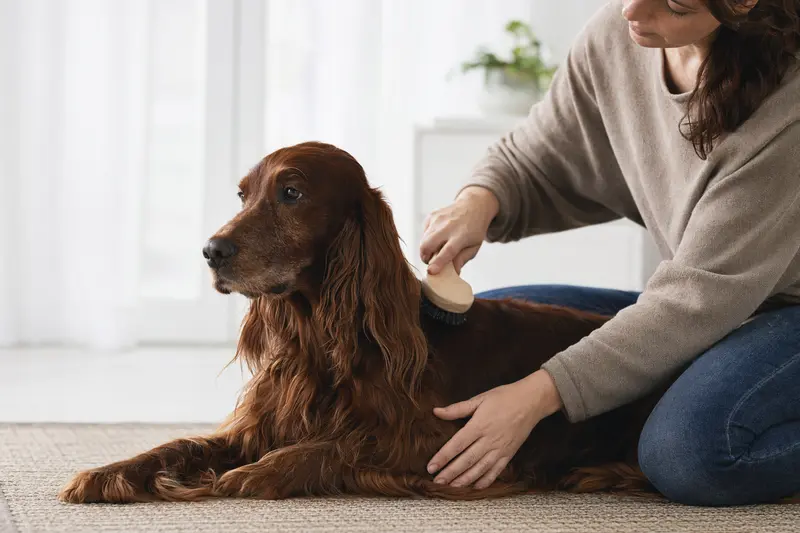Ein Irish Setter wird in einer hellen Wohnung sanft gebürstet, während sich der Besitzer liebevoll um die Fellpflege kümmert.