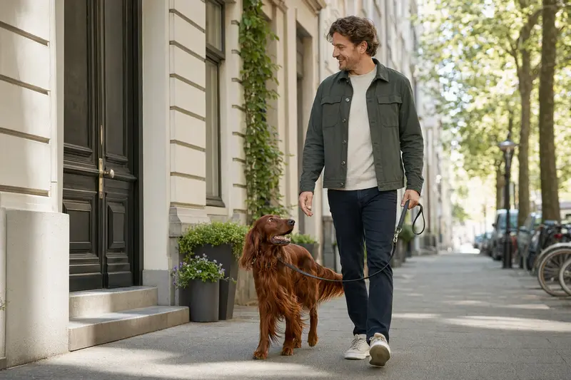 Ein Irish Setter läuft an der Leine mit seinem Besitzer durch eine freundliche moderne Stadtstraße.