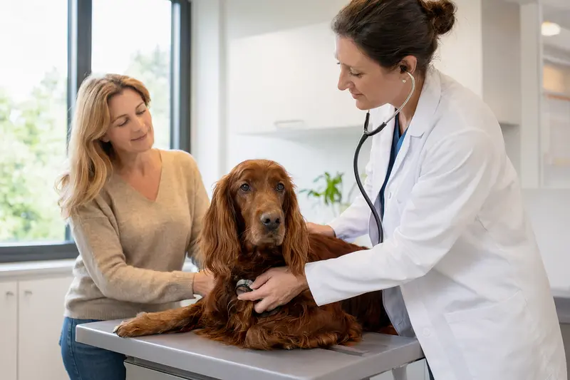 Ein ruhiger Irish Setter wird von einer freundlichen Tierärztin mit einem Stethoskop in einer modernen Tierarztpraxis untersucht, während der Besitzer beruhigend danebensteht.
