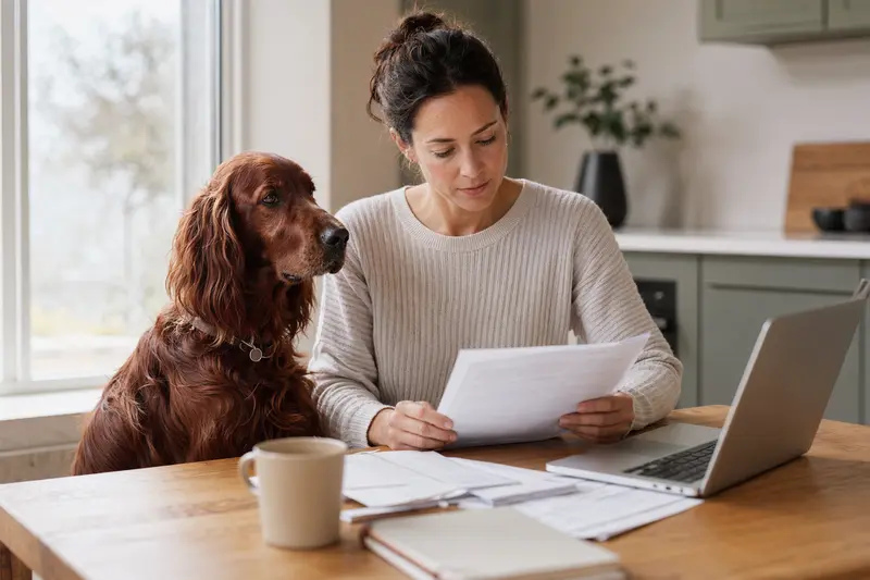 Ein Irish Setter Hund sitzt neben seinem Besitzer am Küchentisch, umgeben von Versicherungsunterlagen und einem Laptop.
