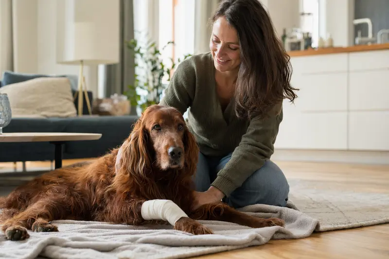 Ein Irish Setter mit Verband an der Pfote liegt entspannt auf einer Decke neben seinem erleichterten Besitzer in einer hellen Wohnung.