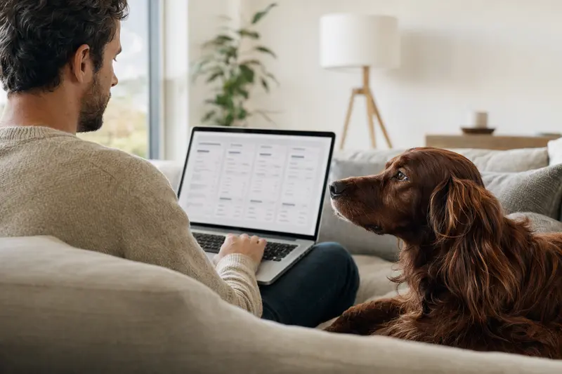 Ein Besitzer arbeitet mit einem Laptop auf dem Sofa, während ein Irish Setter Hund neben ihm sitzt und eine neutrale Versicherungsvergleichs-Oberfläche angezeigt wird.
