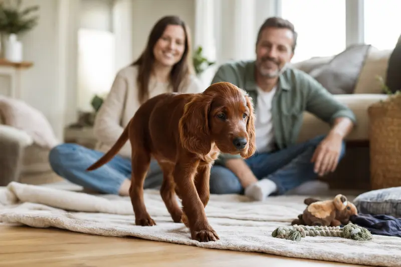 Ein junger Irish Setter Welpe erkundet neugierig sein neues Zuhause mit einem Spielzeug auf einer weichen Decke.