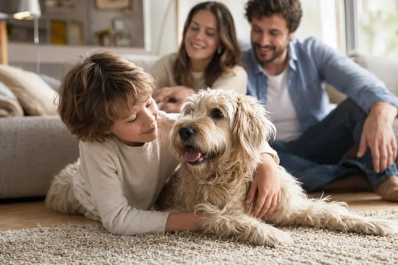 Ein Irish Soft-Coated Wheaten Terrier liegt entspannt neben einem Kind im hellen Wohnzimmer, während die Eltern im Hintergrund eine sichere Familienatmosphäre schaffen.