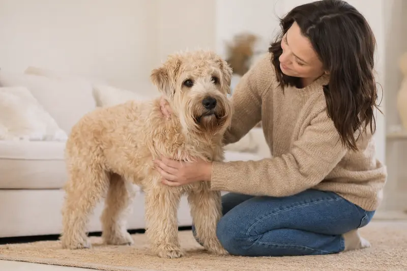 Irish Soft-Coated Wheaten Terrier steht aufmerksam vor hellem Hintergrund in professioneller Porträtaufnahme.