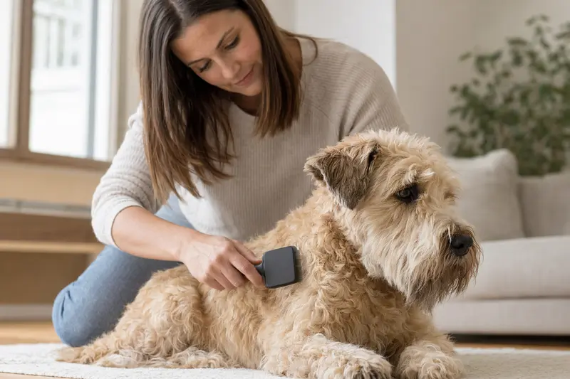 Ein Irish Soft-Coated Wheaten Terrier wird in einer hellen Wohnung liebevoll gebürstet und gepflegt.