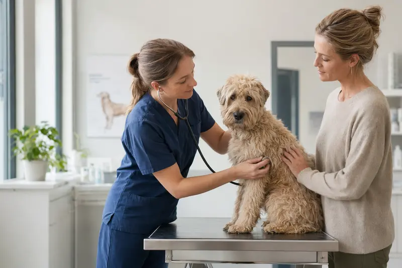 Ein Irish Soft-Coated Wheaten Terrier wird von einer freundlichen Tierärztin mit einem Stethoskop untersucht, während der Besitzer beruhigend danebensteht.