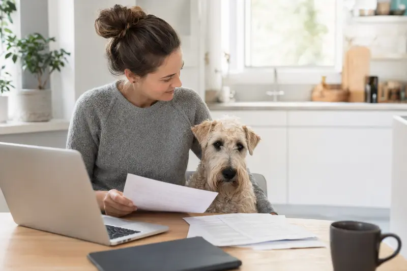 Ein Irish Soft-Coated Wheaten Terrier sitzt entspannt neben seinem Besitzer am Küchentisch, umgeben von Versicherungsunterlagen und einem Laptop.