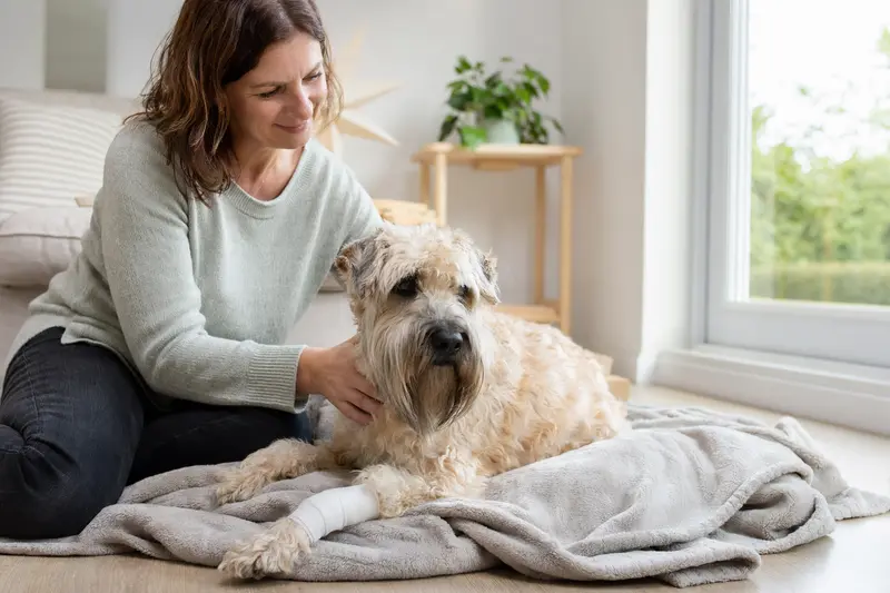 Ein Irish Soft-Coated Wheaten Terrier mit einem leichten Verband an der Pfote liegt entspannt auf einer Decke, während sein besorgter Besitzer neben ihm sitzt.