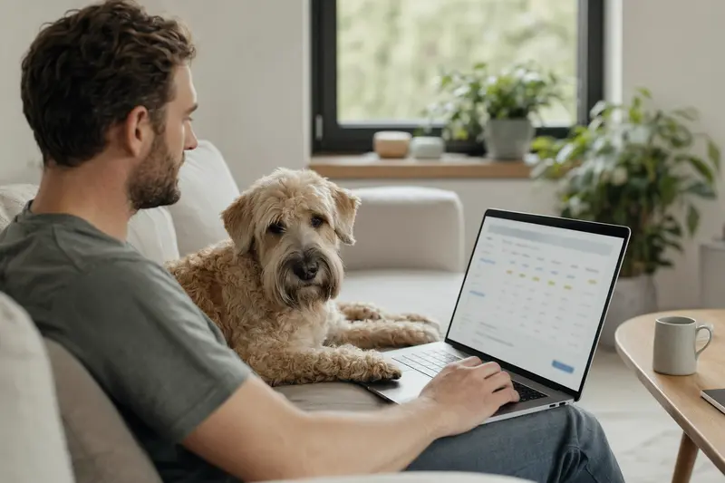 Ein Besitzer arbeitet am Laptop auf dem Sofa, während sein Irish Soft-Coated Wheaten Terrier entspannt neben ihm sitzt und eine neutrale Versicherungsvergleichs-Oberfläche auf dem Bildschirm angezeigt wird.