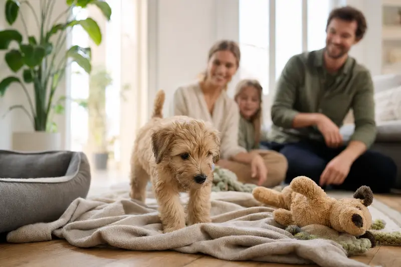 Ein neugieriger Irish Soft-Coated Wheaten Terrier Welpe entdeckt sein neues Zuhause mit liebevoller Familie im Hintergrund.