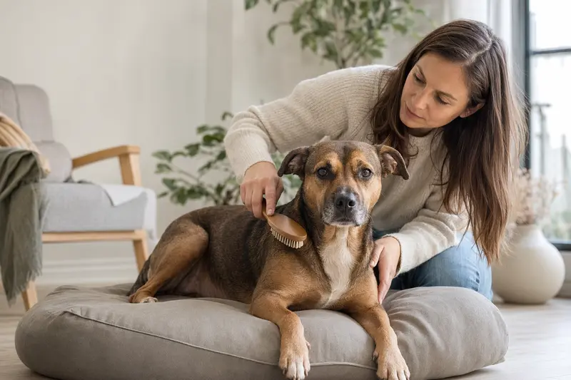 Ein Irish Staffordshire Terrier wird zuhause liebevoll gebürstet, während sein Besitzer die Fellpflege ruhig und aufmerksam übernimmt.