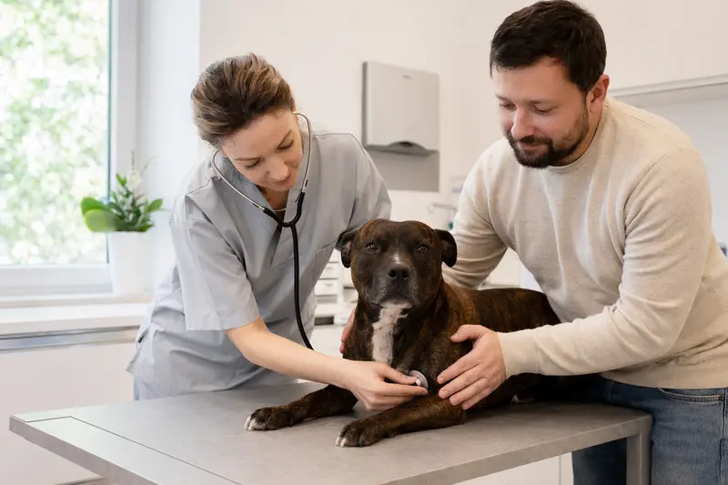 Ein ruhiger Irish Staffordshire Terrier auf dem Untersuchungstisch, während eine freundliche Tierärztin ihn mit einem Stethoskop untersucht.