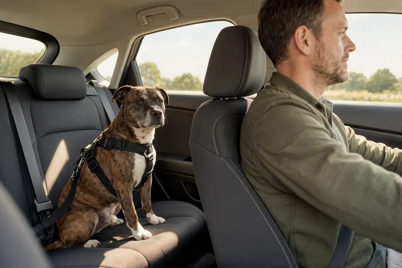 Ein Irish Staffordshire Terrier sitzt sicher angeschnallt auf der Rückbank eines Autos, während der Besitzer ruhig fährt.