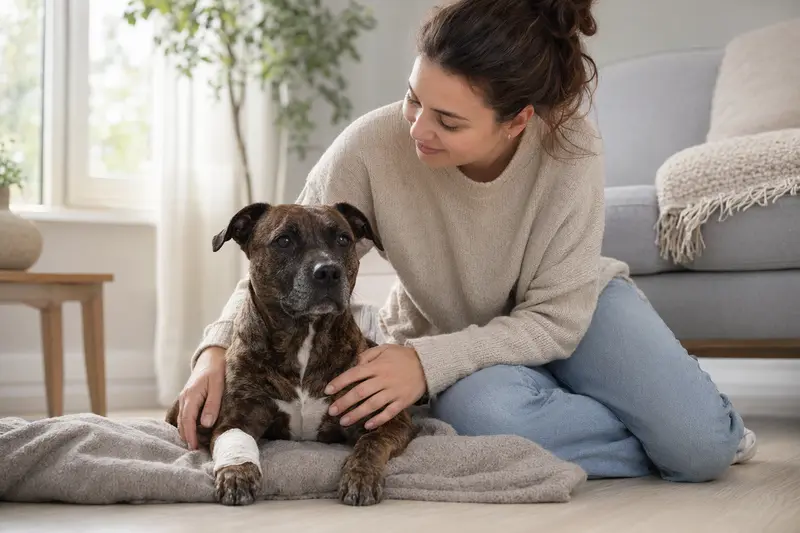 Ein Irish Staffordshire Terrier Hund mit einem leichten Verband an der Pfote liegt entspannt auf einer Decke, während sein Besitzer neben ihm sitzt und erleichtert aussieht.