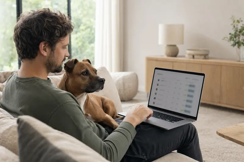 Ein Hundebesitzer mit einem Irish Staffordshire Terrier nutzt seinen Laptop auf dem Sofa, um Versicherungsangebote zu vergleichen.