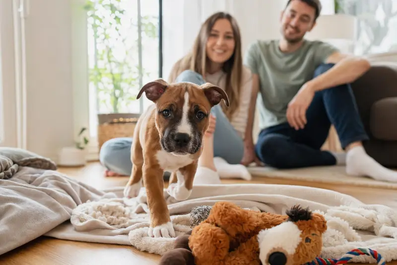Ein junger Irish Staffordshire Terrier Welpe erkundet neugierig sein neues Zuhause mit weicher Decke und Spielzeug