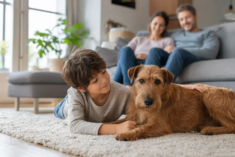 Ein Irish Terrier liegt entspannt neben einem Kind im Wohnzimmer, während die Eltern im Hintergrund eine sichere und vertrauensvolle Familienatmosphäre schaffen.