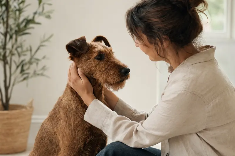 Ein aufmerksam stehender Irish Terrier Hund im natürlichen Porträt vor hellem Hintergrund.