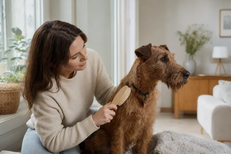 Ein Irish Terrier wird in einer hellen Wohnung sanft gebürstet, während sich der Besitzer liebevoll um die Fellpflege kümmert.