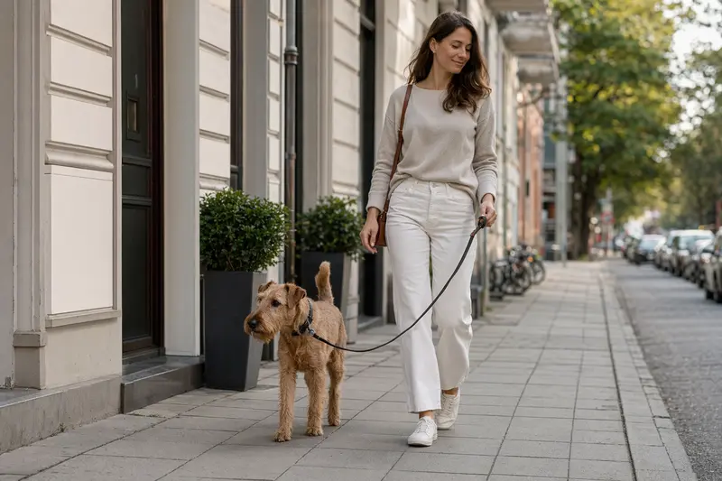 Ein Irish Terrier läuft entspannt an der Leine mit seinem Besitzer durch eine moderne Stadtstraße.