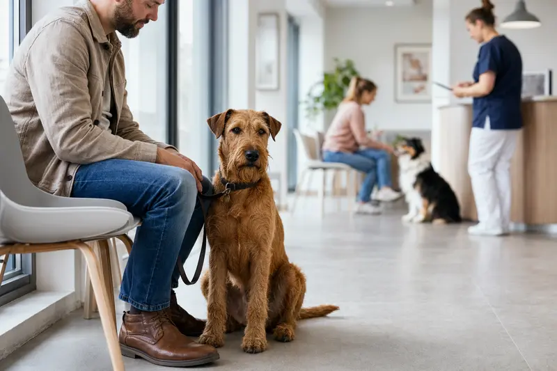 Ein Irish Terrier sitzt ruhig neben seinem Besitzer im hellen Wartezimmer einer modernen Tierarztpraxis.