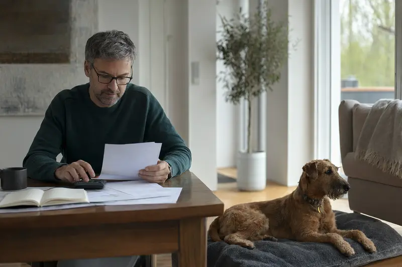 Ein Hundebesitzer sitzt mit einer Tierarztrechnung am Tisch, während ein entspannter Irish Terrier auf einer Decke liegt und die Situation mit Hund und Tierarztkosten ruhig wirkt.