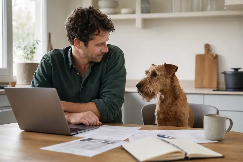 Ein Irish Terrier Hund sitzt entspannt neben seinem Besitzer am Küchentisch mit Versicherungsunterlagen und einem Laptop.