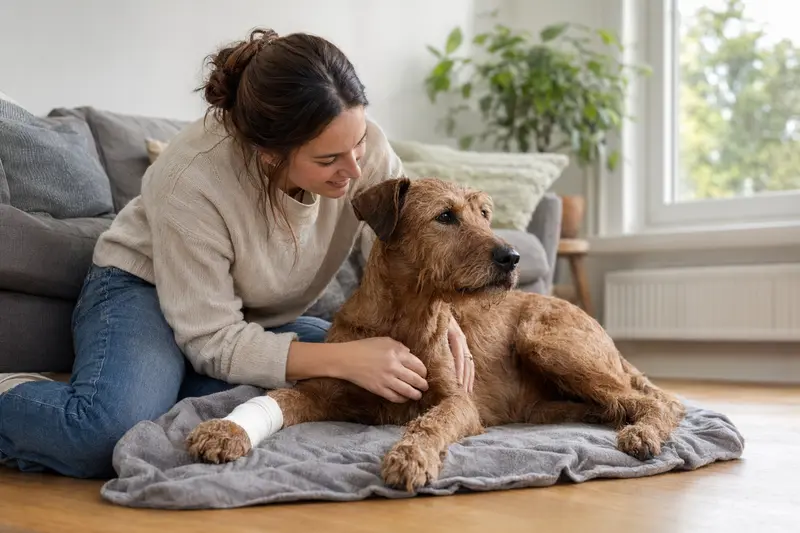 Ein Irish Terrier mit leichtem Verband an der Pfote liegt entspannt auf einer Decke, während sein Besitzer neben ihm sitzt und sich erfreut zeigt.