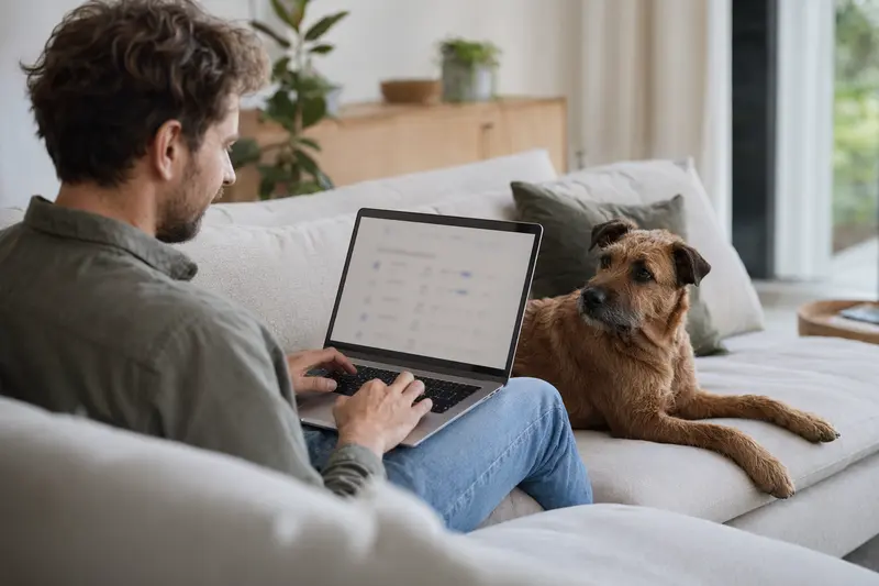 Ein Hundebesitzer sitzt entspannt mit Laptop auf dem Sofa neben einem Irish Terrier und vergleicht Tierversicherungen.