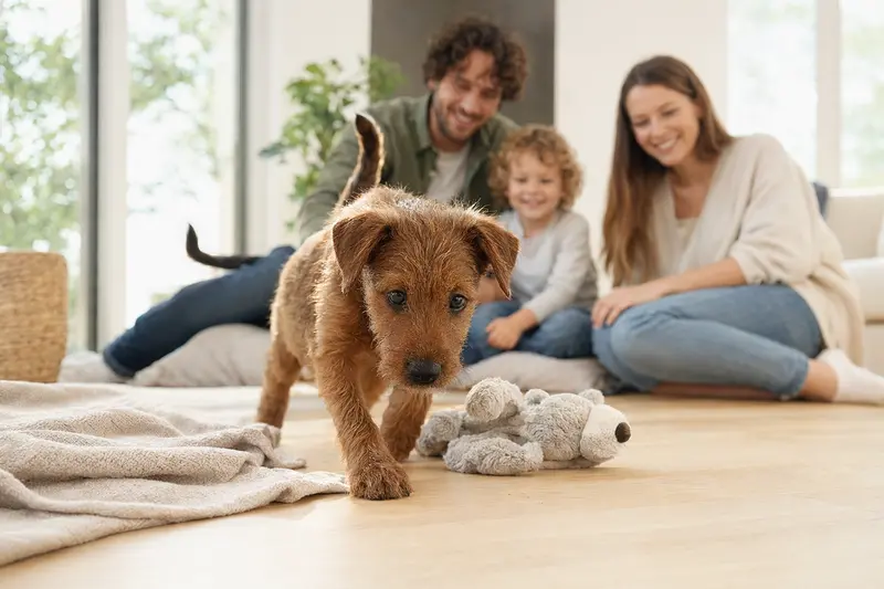 Ein neugieriger Irish Terrier Welpe erkundet seine neue Umgebung mit einer weichen Decke und Spielzeug.