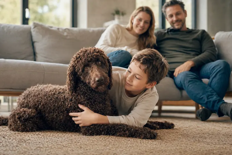 Ein Irish Water Spaniel liegt entspannt neben einem Kind im hellen Wohnzimmer und vermittelt eine vertrauensvolle Familienatmosphäre.