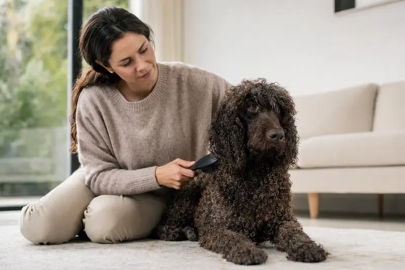 Ein Irish Water Spaniel wird in einer hellen Wohnung von seinem Besitzer sanft gebürstet, während die Fellpflege ruhig und aufmerksam erfolgt.