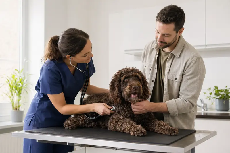 Ein Irish Water Spaniel wird behutsam von einer Tierärztin mit einem Stethoskop in einer modernen Praxis untersucht, während der Besitzer beruhigend danebensteht.