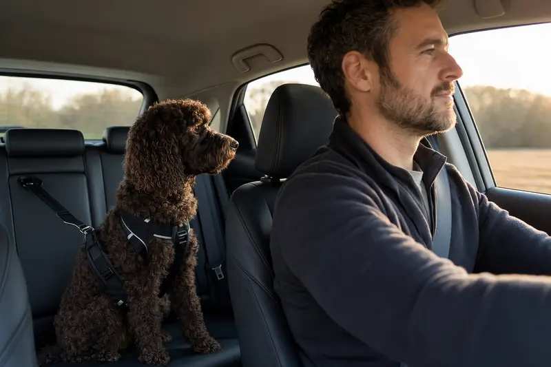 Ein Irish Water Spaniel sitzt sicher angeschnallt im Auto, während der Fahrer ruhig fährt.