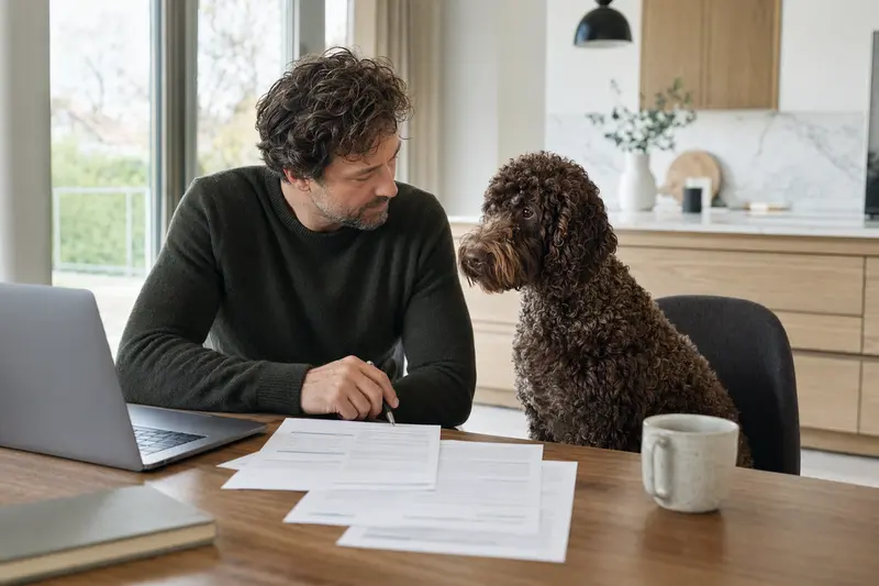 Ein Irish Water Spaniel sitzt entspannt neben seinem Besitzer am Küchentisch, auf dem Versicherungsunterlagen und ein Laptop liegen, der eine neutrale Vergleichsseite zeigt.