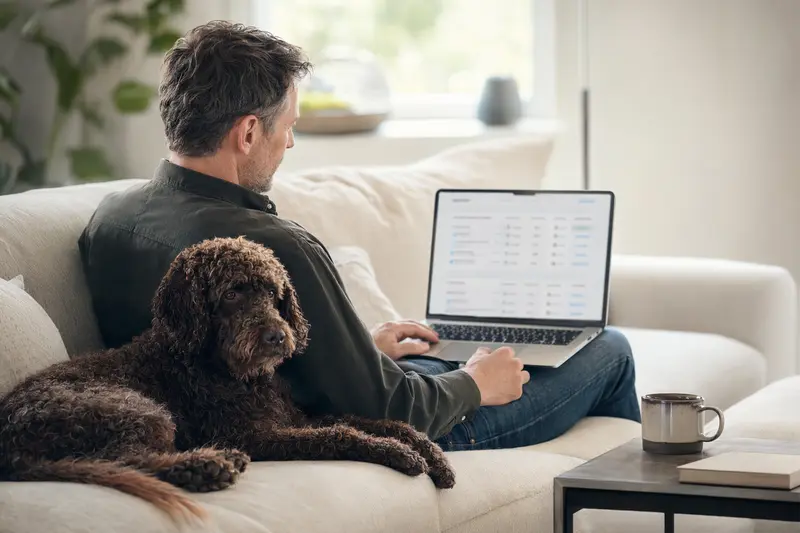 Ein Besitzer arbeitet am Laptop auf dem Sofa, während sein Irish Water Spaniel neben ihm sitzt, was ein Gefühl von Sicherheit und einfacher Entscheidung zur Tierkrankenversicherung vermittelt.