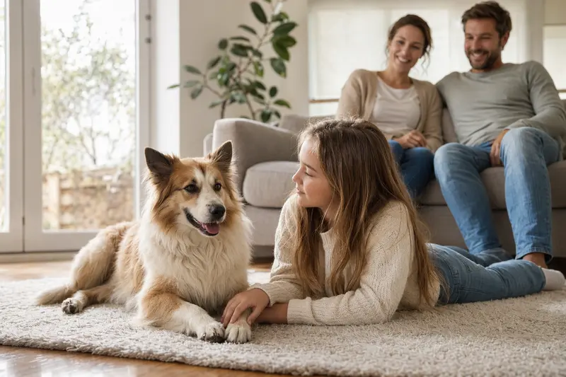 Ein freundlicher Isländischer Schäferhund liegt entspannt neben einem Kind im Wohnzimmer, während die Eltern im Hintergrund in einer warmen Familienatmosphäre zu sehen sind.