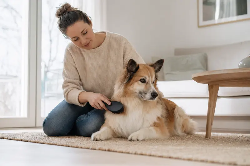 Ein Isländischer Schäferhund wird zuhause von seinem Besitzer sanft gebürstet, was liebevolle Fellpflege und verantwortungsvolle Hundegesundheit zeigt.