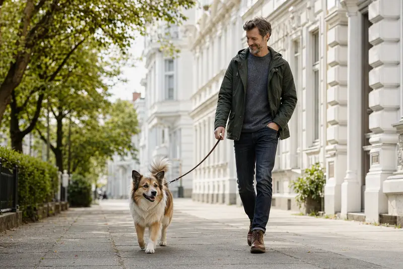 Ein Isländischer Schäferhund läuft an der Leine mit seinem Besitzer durch eine saubere moderne Stadtstraße.