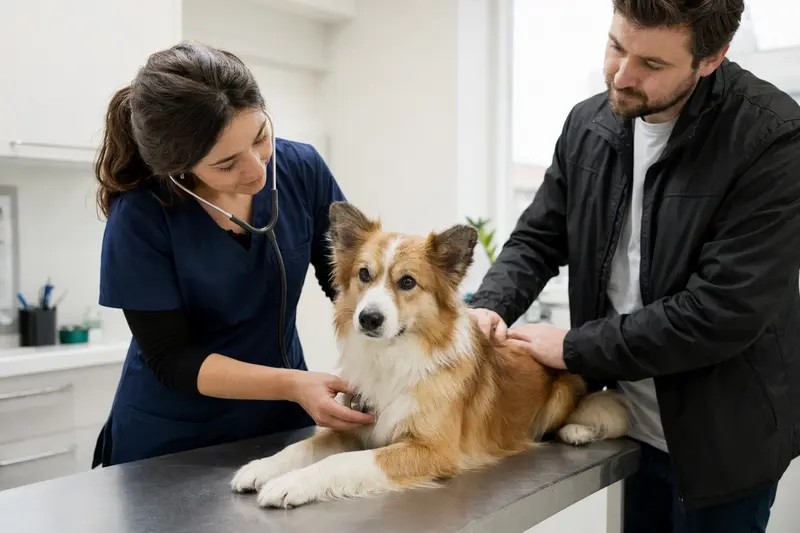 Eine freundliche Tierärztin untersucht einen ruhigen Isländischen Schäferhund auf einem Untersuchungstisch in einer modernen Tierarztpraxis.