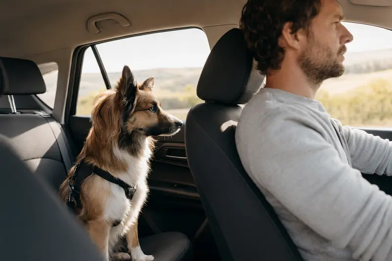 Ein isländischer Schäferhund sitzt sicher angeschnallt auf der Rückbank eines Autos, während der Besitzer ruhig fährt und Sonnenlicht durch das Fenster scheint.