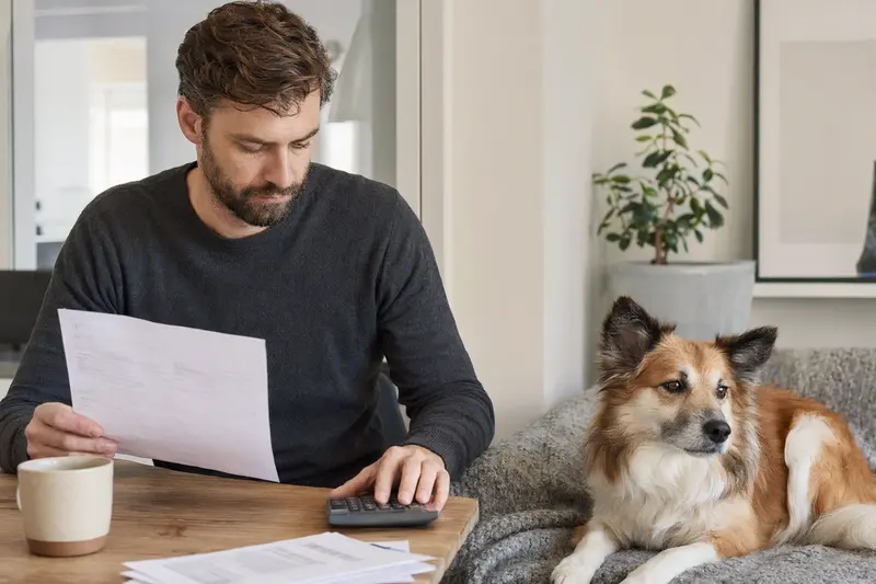 Ein Hundebesitzer sitzt mit einer Tierarztrechnung am Tisch, während ein entspannter Isländischer Schäferhund auf einer Decke liegt und die Situation ruhig wirkt.