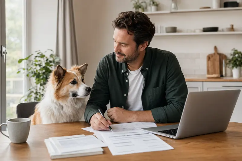 Ein Isländischer Schäferhund sitzt entspannt neben seinem Besitzer am Küchentisch, wo Versicherungsunterlagen und ein Laptop liegen.