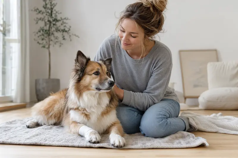 Ein Isländischer Schäferhund mit leichtem Verband an der Pfote liegt entspannt neben seinem Besitzer in einer hellen Wohnung.