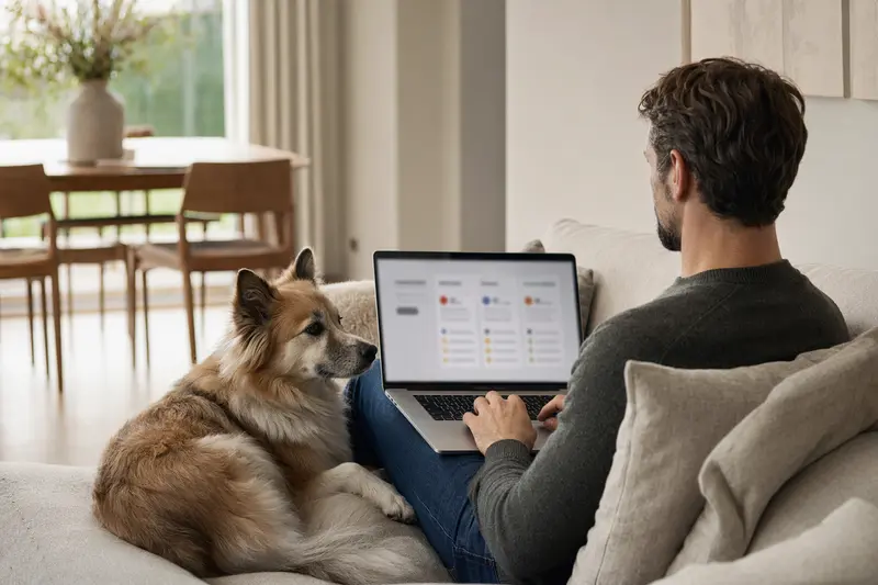 Ein Besitzer arbeitet am Laptop auf dem Sofa, neben ihm sitzt ein Isländischer Schäferhund, die Versicherungsvergleichsseite ist unscharf im Hintergrund.